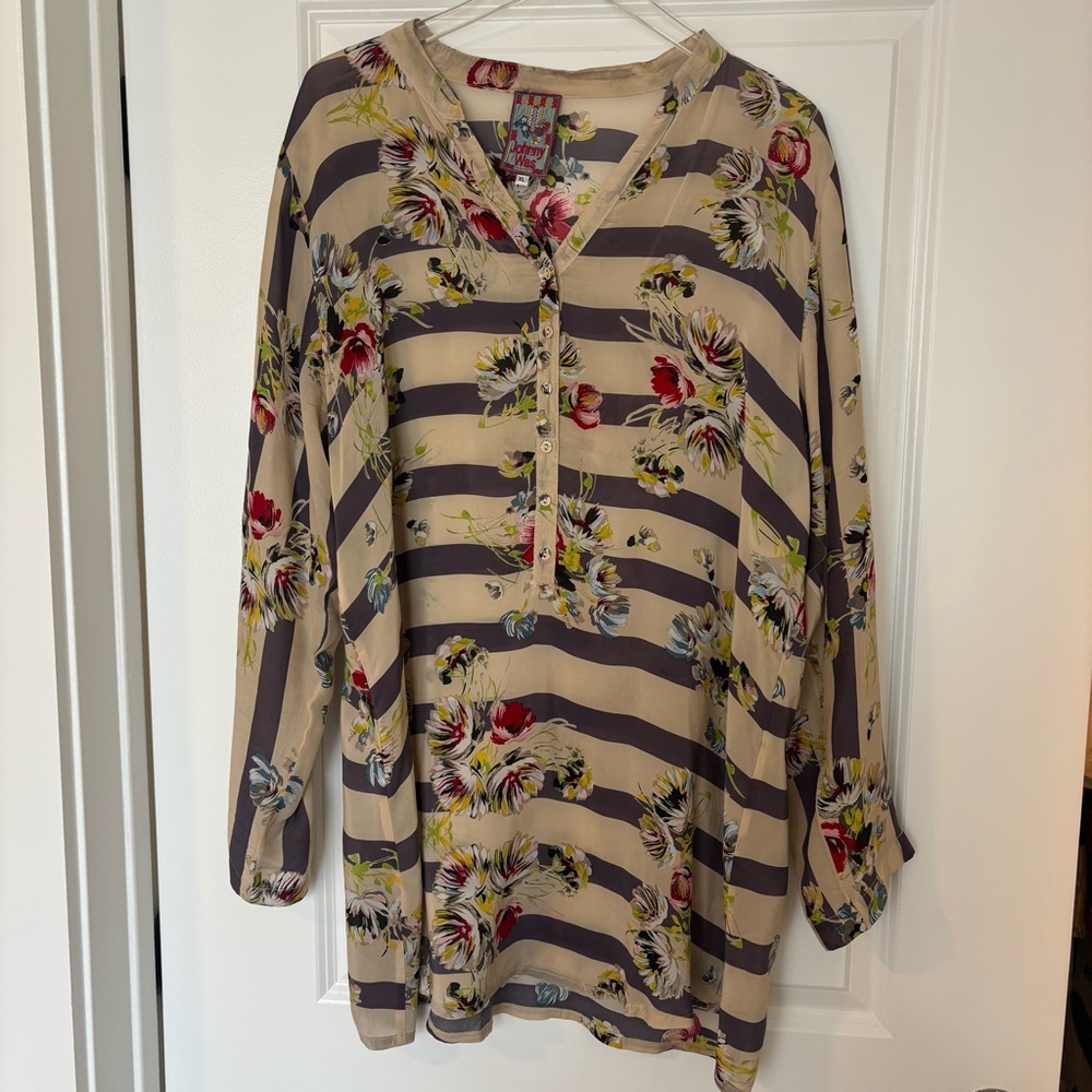 Johnny Was Beige and Purple Floral Blouse